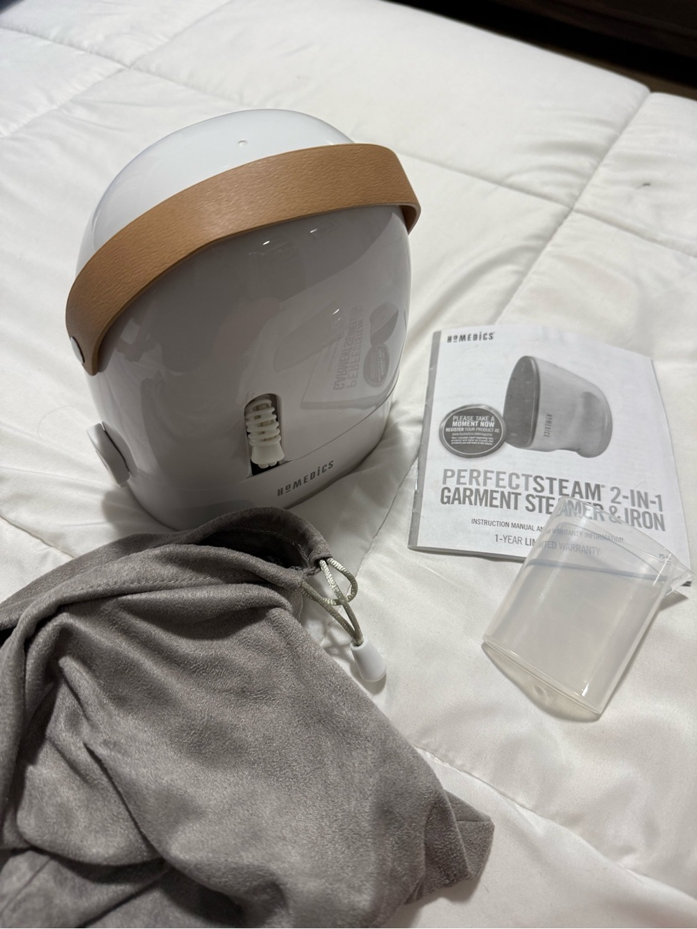 Homedics White Garment Steamer with Tan Accent